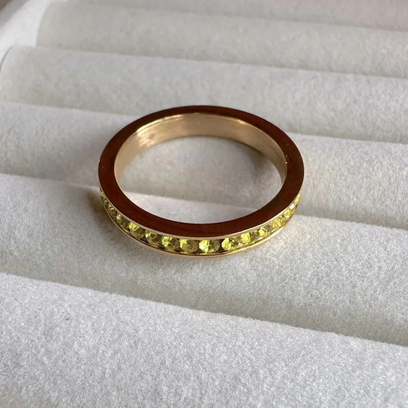 Citrine Yellow CZ 18k Gold Stainless Steel Stack Band Ring November Birthstone - Picture 3 of 9